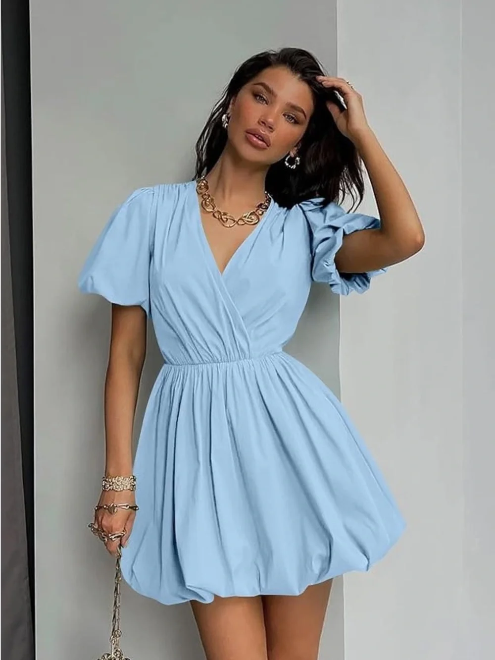 PRETTYGARDEN Sky Blue Puff Sleeve V-Neck Wrap Mini Dress Size S Great Condition - Picture 2 of 15